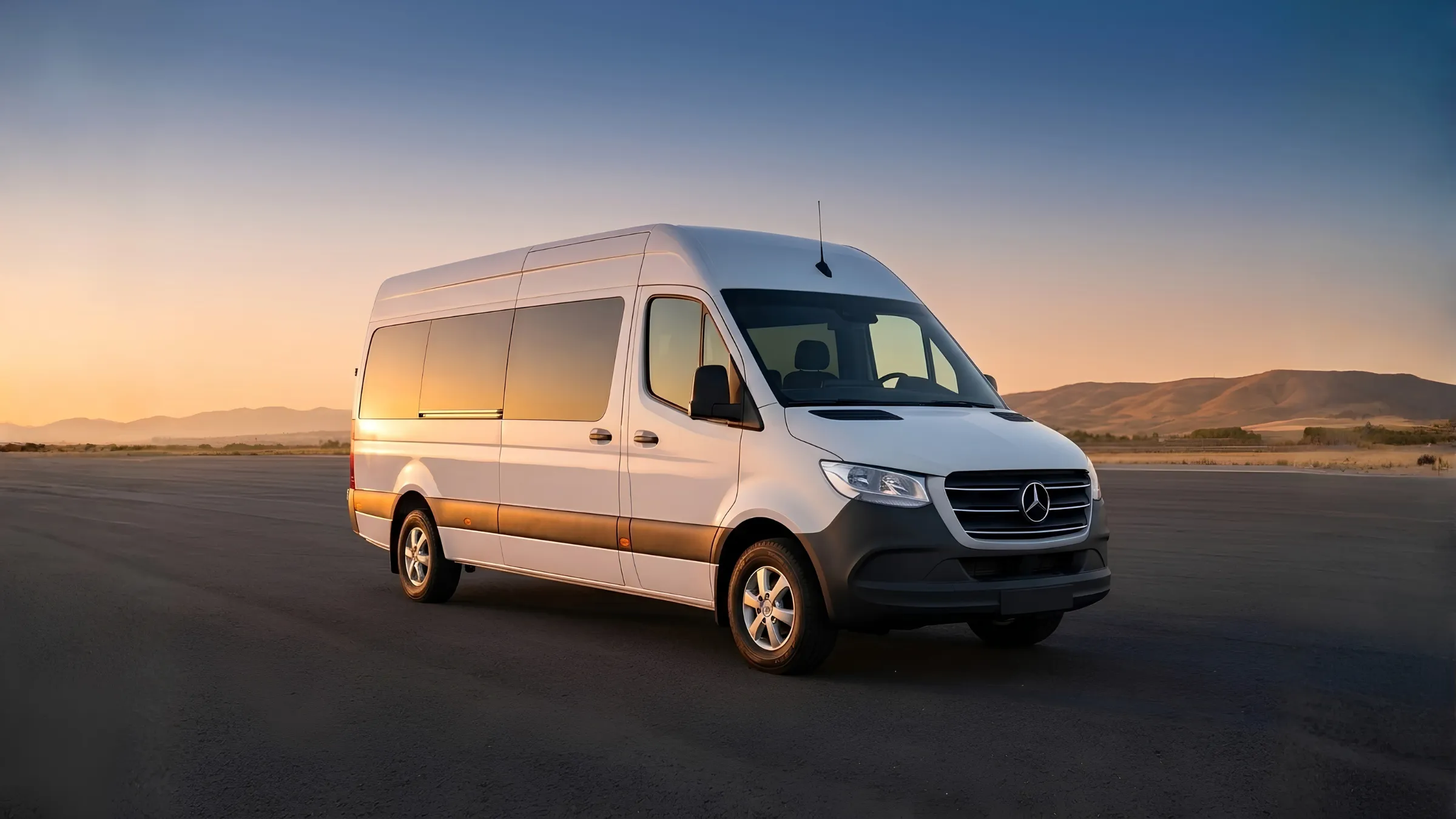 Mercedes-Benz Sprinter at sunset, cinematic front and side view