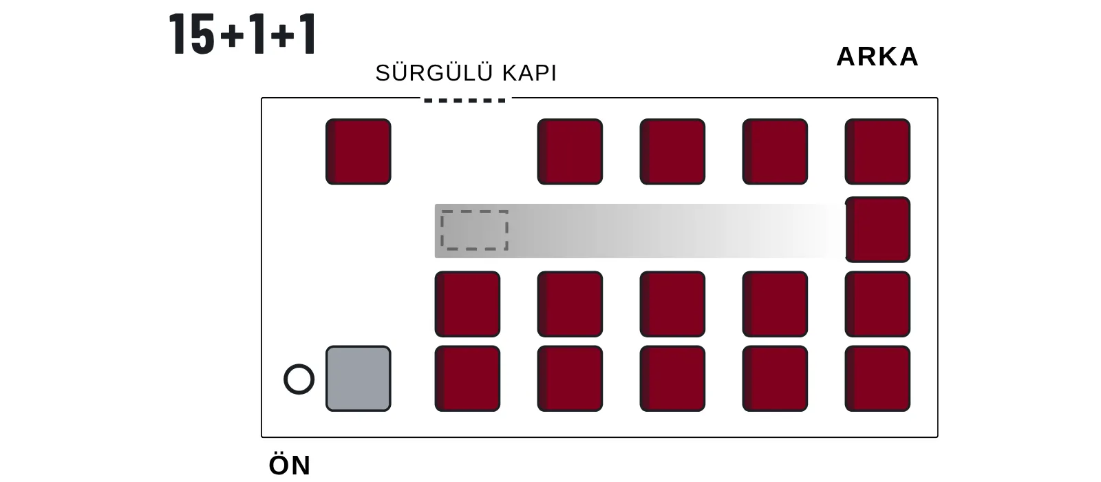 15+1+1 koltuk yerleşim planı — üstten görünüm